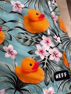 Neff Teal Swim Shorts with Yellow Rubber Duck and Pink Floral Print